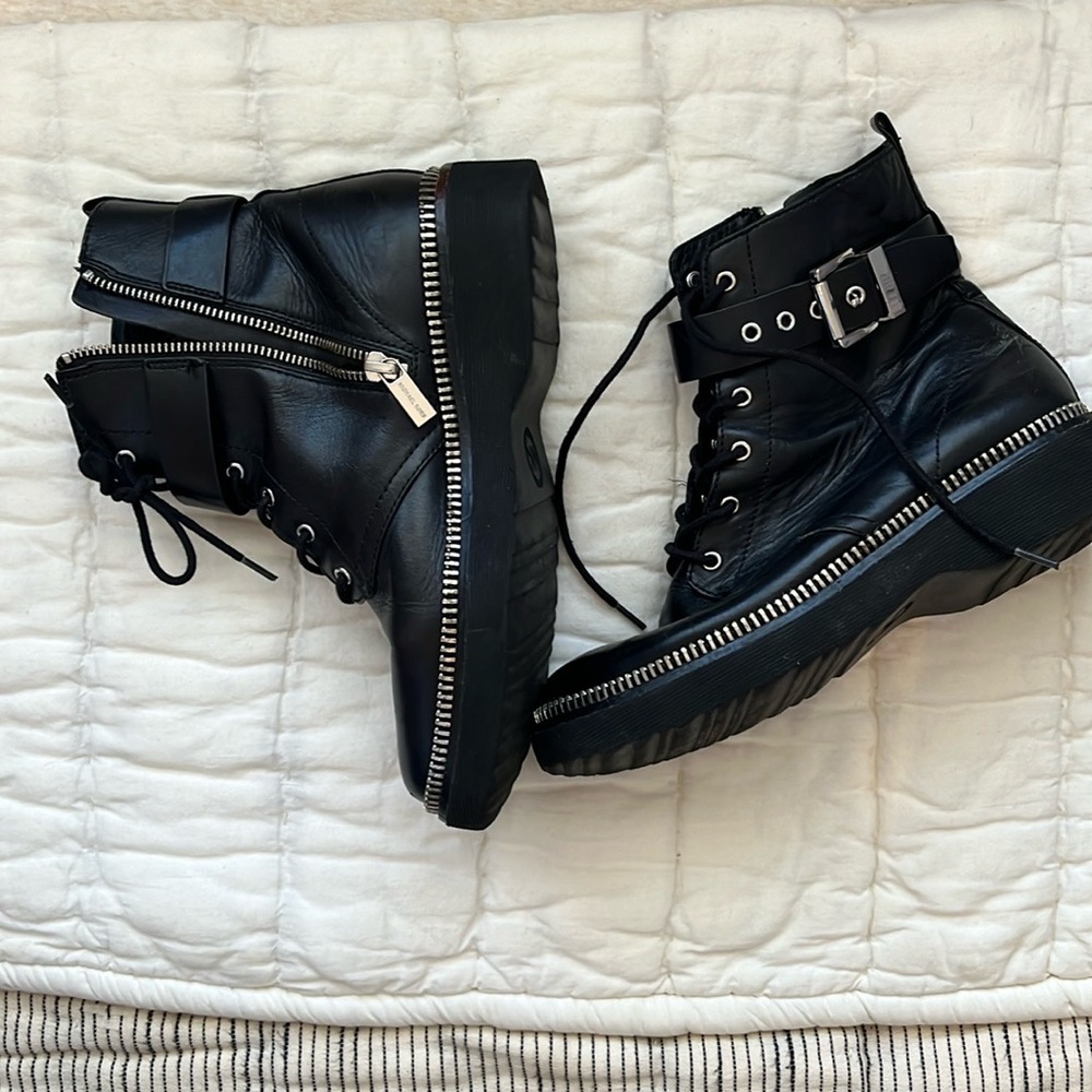Michael Kors black leather combat boots with silver hardware